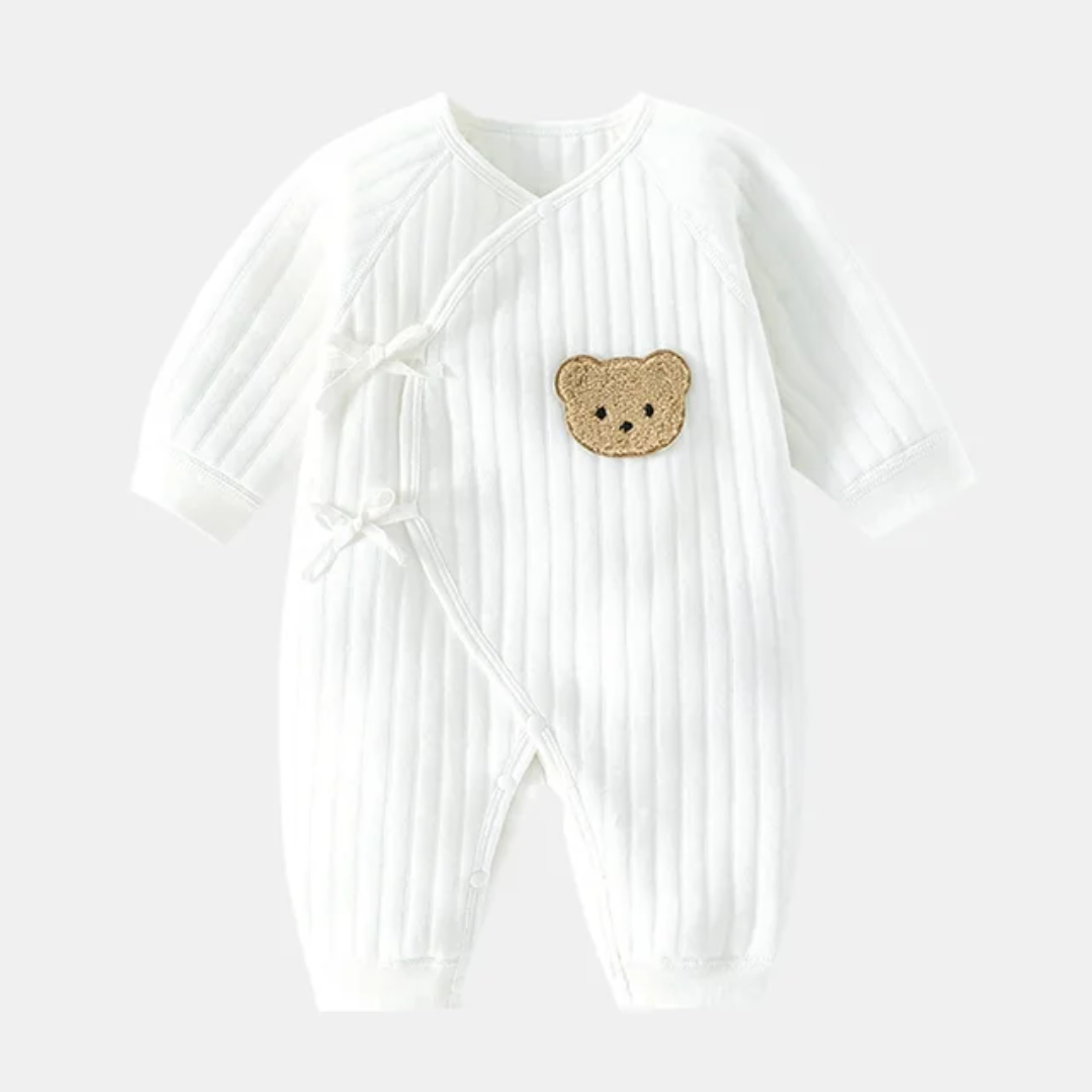 Organic Cotton newborn - 6month Wrap Romper with Hat – Teddy Bear Patch | Ivory