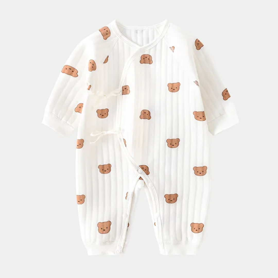 Unisex Newborn Organic Cotton Wrap Romper with Hat– Teddy Bear Print
